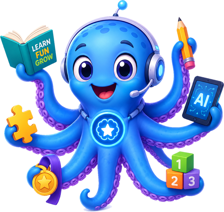 Octimo's blue octopus mascot holding a book, a pencil, a tablet, a puzzle piece, a medal and number blocks